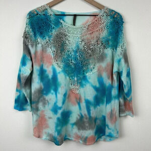 XCVI Sweater Womens Medium Tie Dye Crochet Top Lightweight Mesh Shirt Ladies